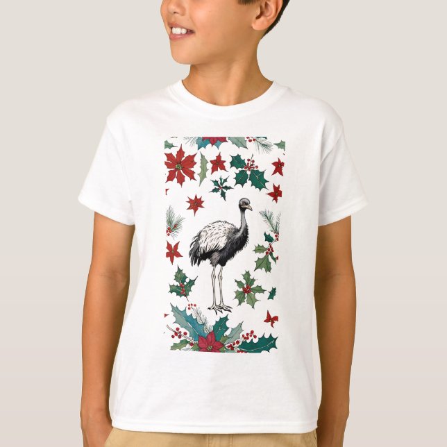 Christmas Ostrich And Poinsettias T-Shirt (Front)
