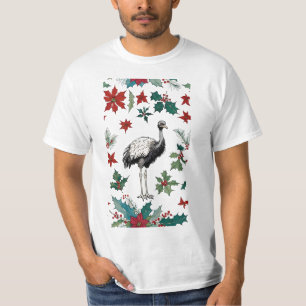 Christmas Ostrich And Poinsettias T-Shirt