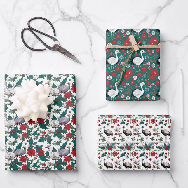 Christmas Ostriches And Poinsettias Wrapping Paper Sheet (Front)