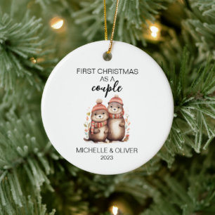 Christmas Otter Couple Personalised Ceramic Tree Decoration
