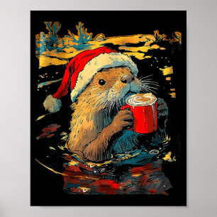 Christmas Otter Drinks Coffee Art Print 