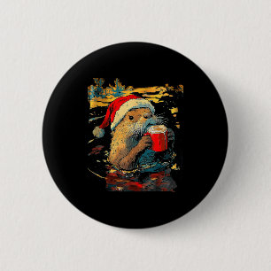 Christmas Otter Drinks Coffee Art Print  6 Cm Round Badge