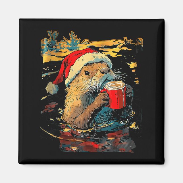 Christmas Otter Drinks Coffee Art Print  Magnet (Front)