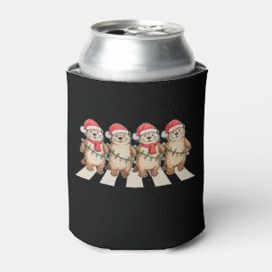 Christmas Otter Xmas Lights Santa Hat Holiday Can Cooler