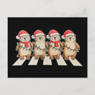 Christmas Otter Xmas Lights Santa Hat Holiday Postcard