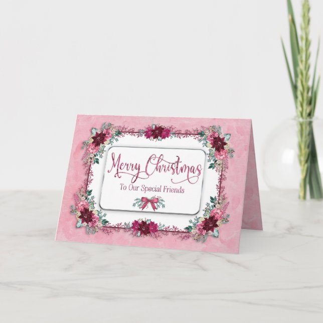 Christmas Our Friends Burgundy Pink Flower Card (Front)