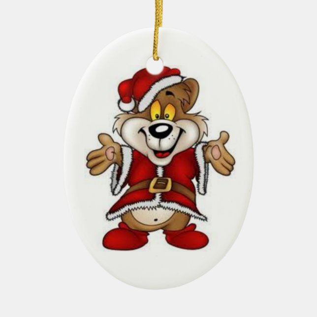 Christmas Oval Ornament/Santa Bear Ceramic Tree Decoration (Front)