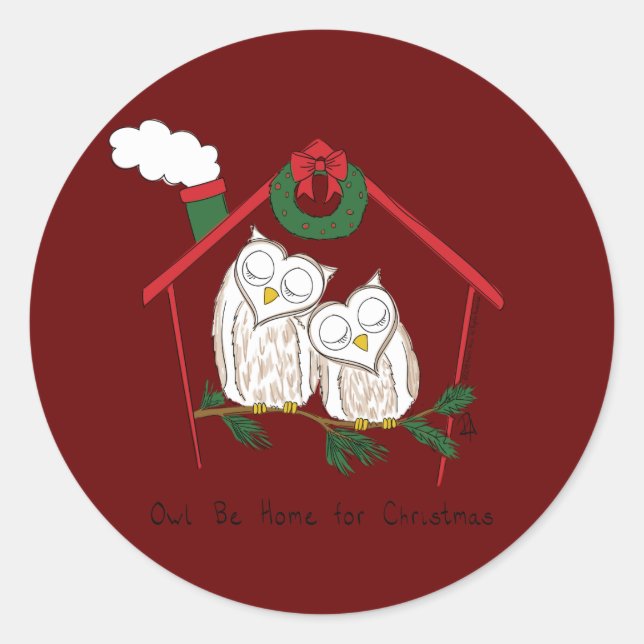 Christmas Owl Be Home Cute Classic Round Sticker (Front)