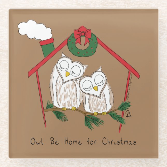 Christmas Owl Be Home Cute Glass Coaster (Front)