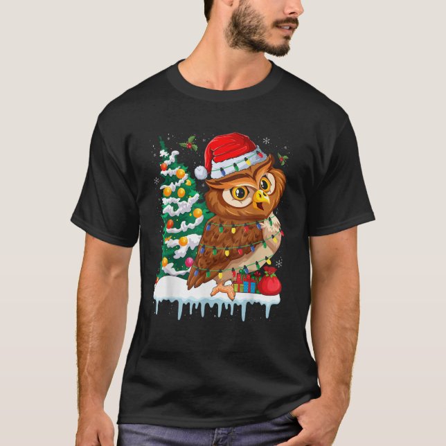 Christmas Owl Cute Christmas Lights Reindeer Santa T-Shirt (Front)