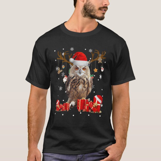 Christmas Owl Funny Santa Reindeer Owl Lover Gifts T-Shirt (Front)