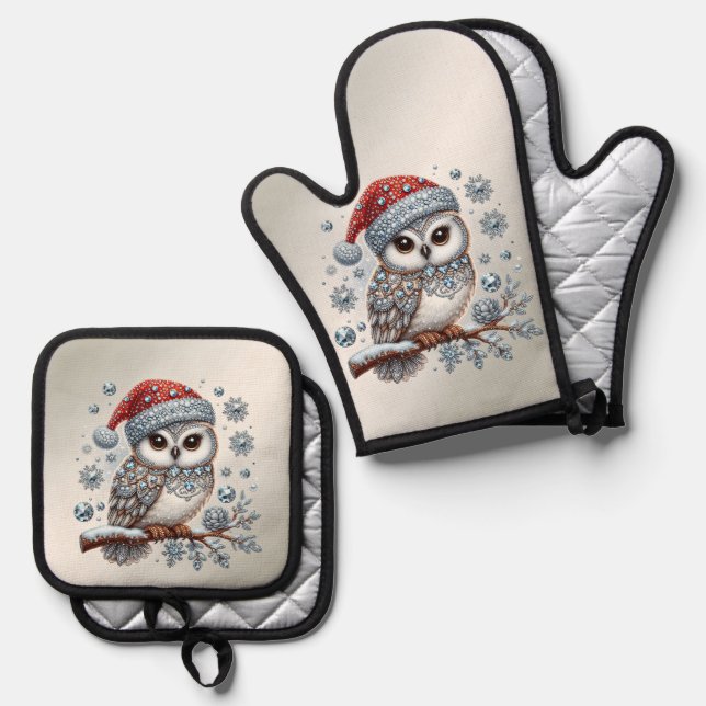 Christmas Owl Holiday Oven Mitt & Pot Holder Set (Front/Back)