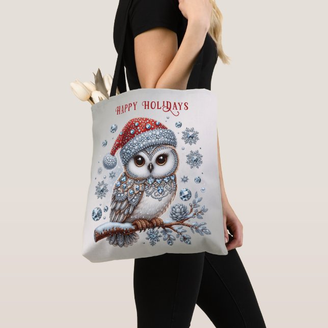 Christmas Owl Holiday Tote Bag (Close Up)