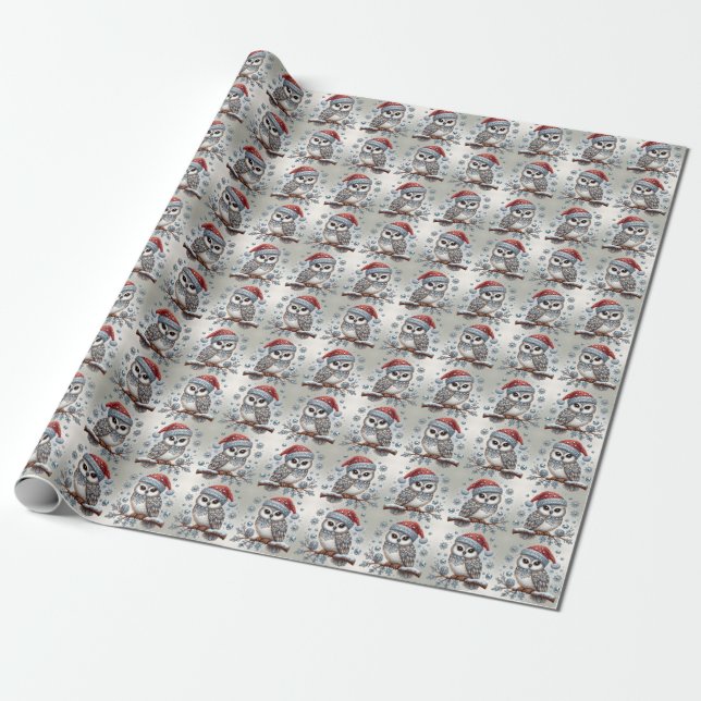 Christmas Owl Holiday Wrapping Paper (Unrolled)