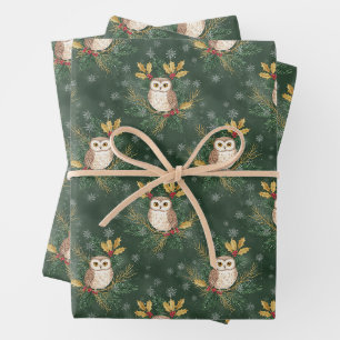 Christmas Owl, Holly Berry and Snowflakes Green Wrapping Paper Sheet