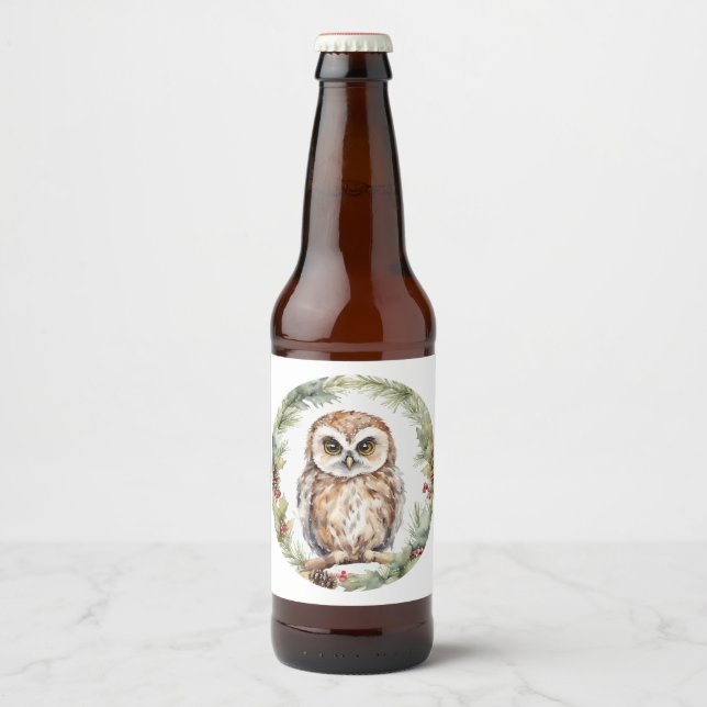 christmas owl illustration owl wall art holiday  beer bottle label (Front)