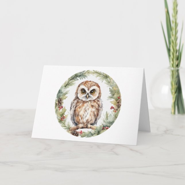 christmas owl illustration owl wall art holiday  thank you card (Front)