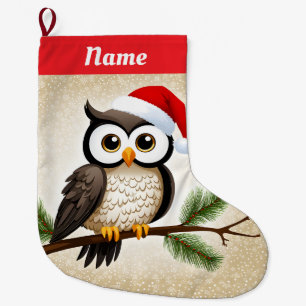 Christmas Owl on a Gold Background Large Christmas Stocking