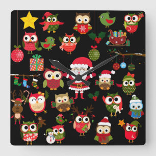 Christmas Owl Pattern Square Wall Clock