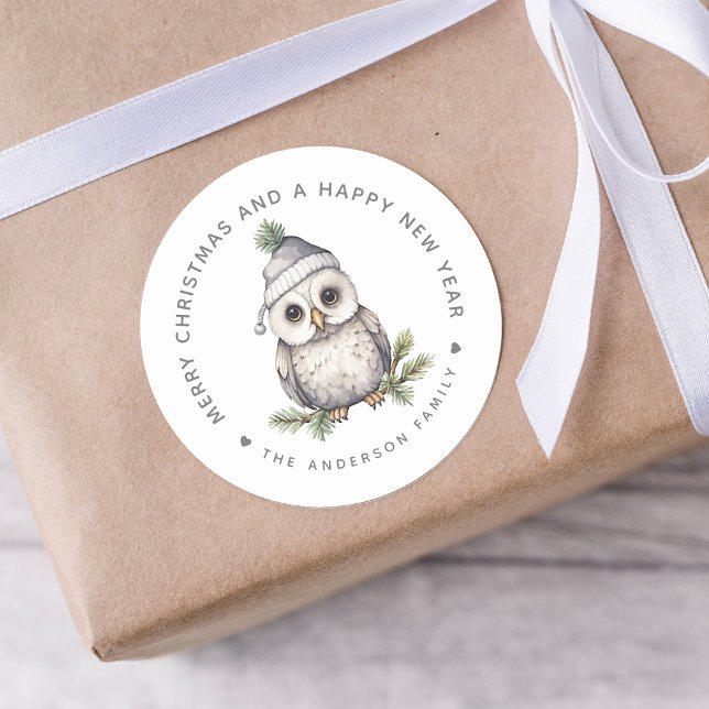Christmas Owl Personalised Gift And Envelope Classic Round Sticker (Creator Uploaded)