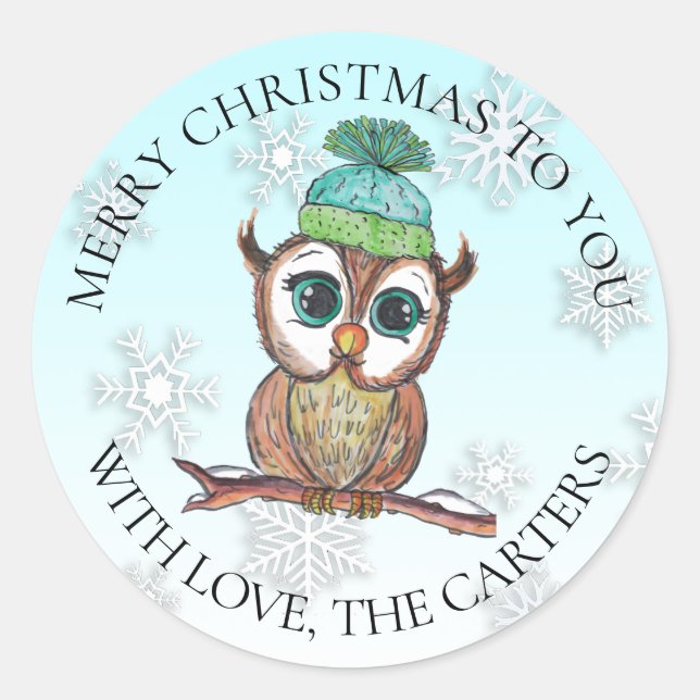 Christmas Owl sitting on Branch Holiday Classic Round Sticker (Front)