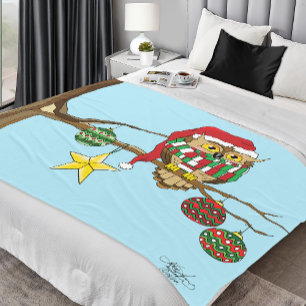 Christmas Owl Tree Ornaments Fleece Blanket