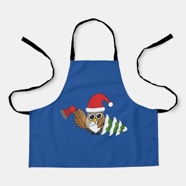 Christmas Owl with Axe and Snowy Pine Tree Apron (Front)
