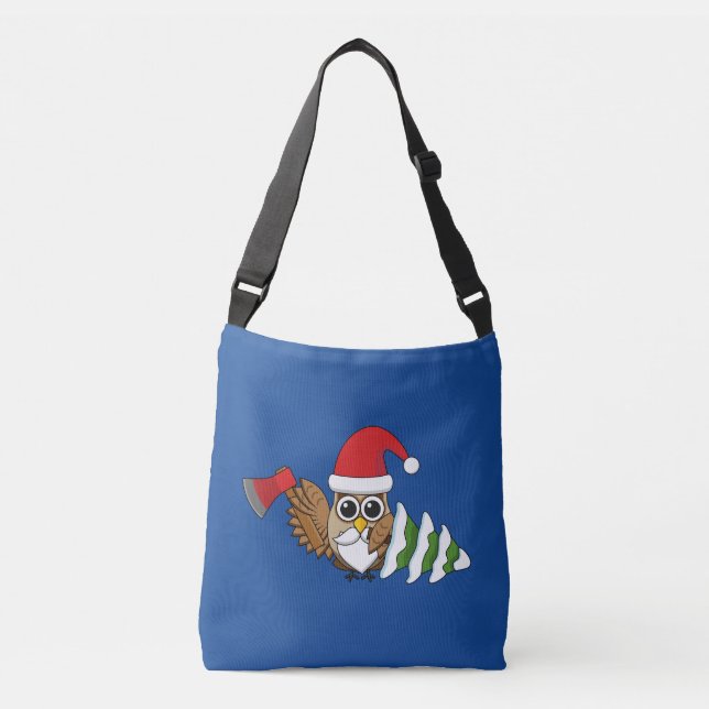 Christmas Owl with Axe and Snowy Pine Tree Crossbody Bag (Front)