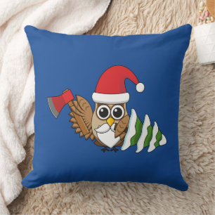 Christmas Owl with Axe and Snowy Pine Tree Cushion