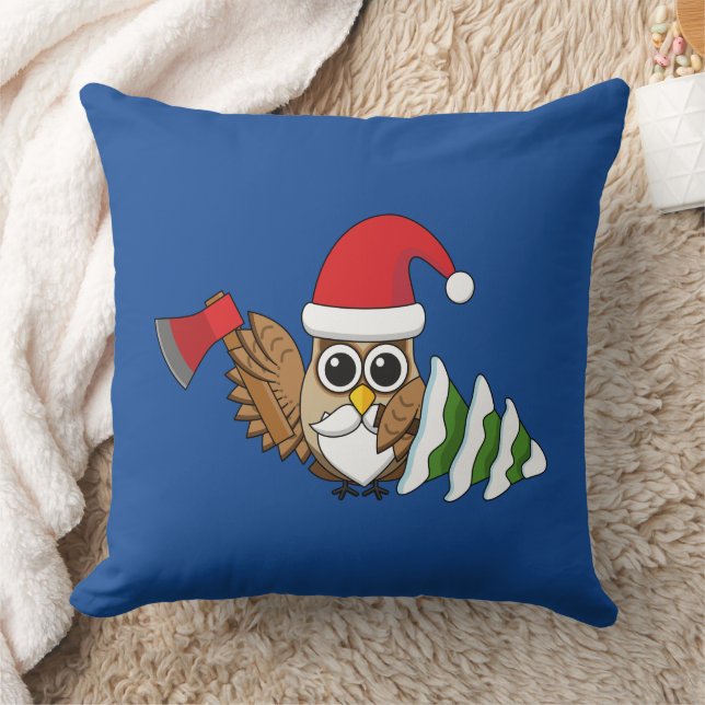 Christmas Owl with Axe and Snowy Pine Tree Cushion (Blanket)
