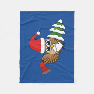 Christmas Owl with Axe and Snowy Pine Tree Fleece Blanket