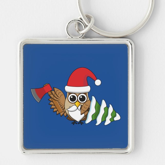 Christmas Owl with Axe and Snowy Pine Tree Key Ring (Front)