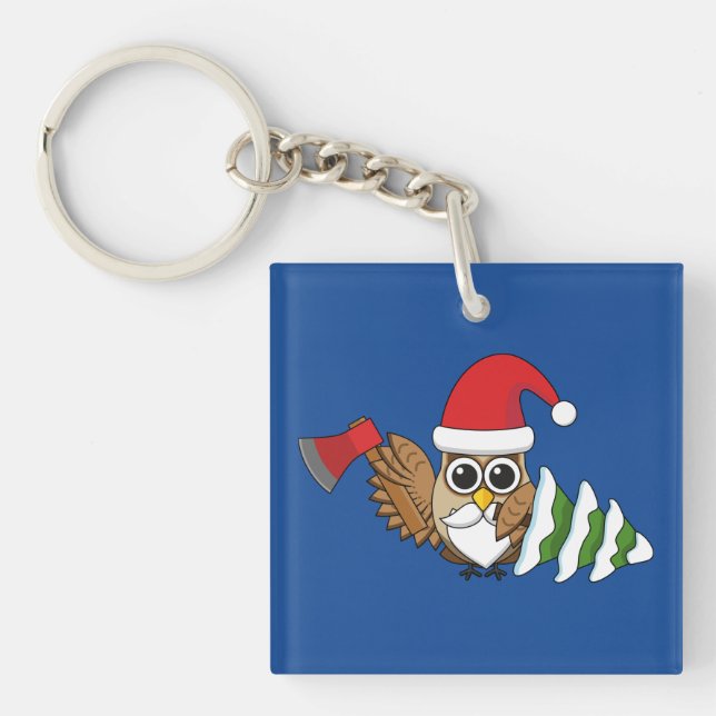 Christmas Owl with Axe and Snowy Pine Tree Key Ring (Front)