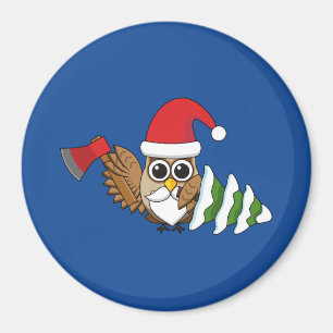 Christmas Owl with Axe and Snowy Pine Tree Magnet