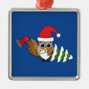 Christmas Owl with Axe and Snowy Pine Tree Metal Tree Decoration