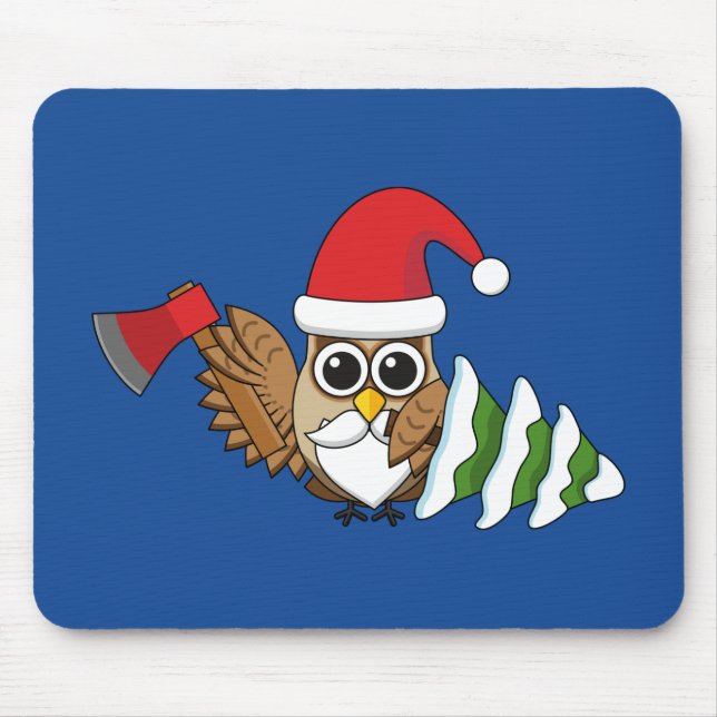 Christmas Owl with Axe and Snowy Pine Tree Mouse Mat (Front)