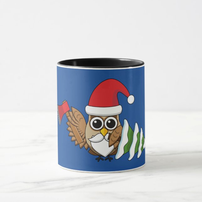 Christmas Owl with Axe and Snowy Pine Tree Mug (Center)