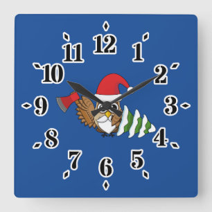 Christmas Owl with Axe and Snowy Pine Tree Square Wall Clock