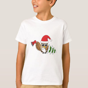Christmas Owl with Axe and Snowy Pine Tree T-Shirt