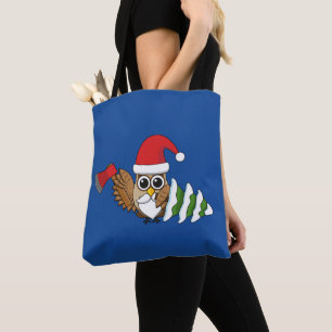 Christmas Owl with Axe and Snowy Pine Tree Tote Bag