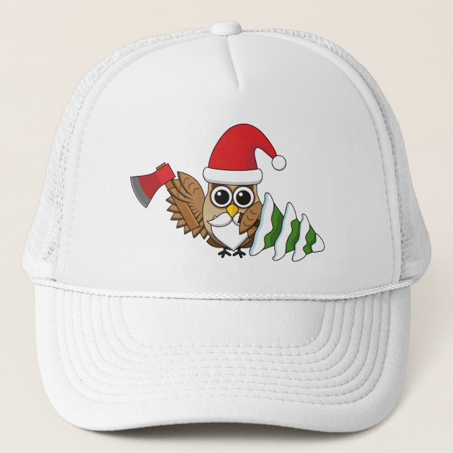 Christmas Owl with Axe and Snowy Pine Tree Trucker Hat (Front)