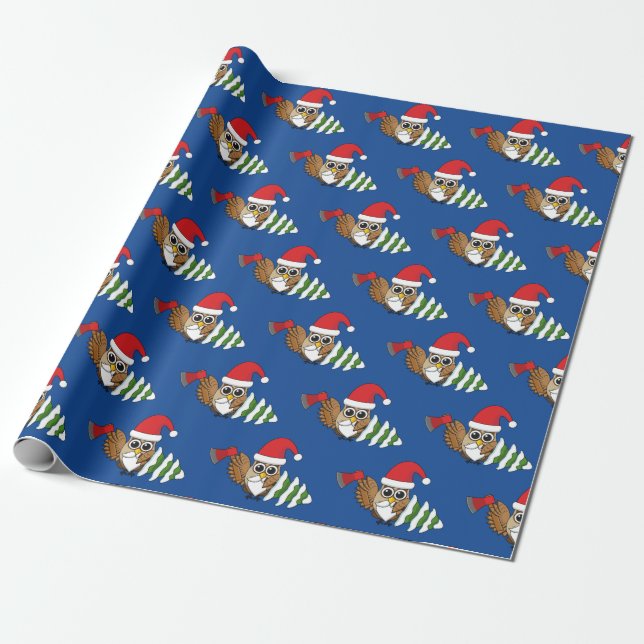 Christmas Owl with Axe and Snowy Pine Tree Wrapping Paper (Unrolled)