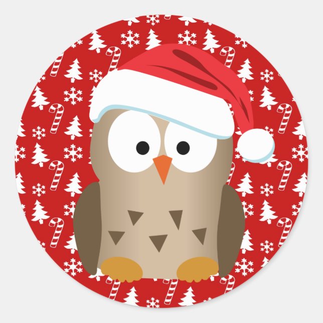 Christmas Owl with Santa Hat Classic Round Sticker (Front)