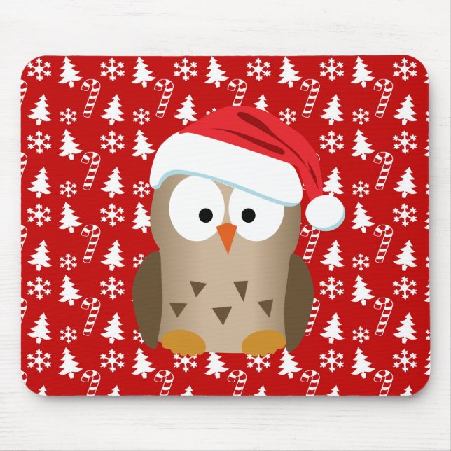 Christmas Owl with Santa Hat Mouse Mat (Front)