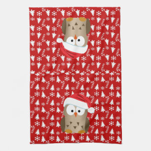 Christmas Owl with Santa Hat Tea Towel