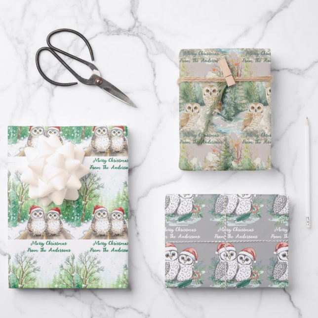 Christmas Owl Wrapping Paper Flat Sheet Set of 3 (Front)