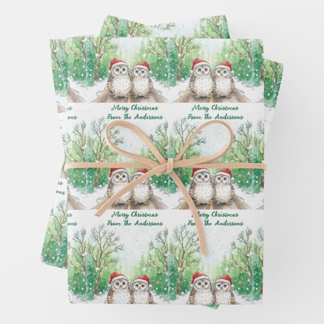 Christmas Owl Wrapping Paper Flat Sheet Set of 3 (In situ)