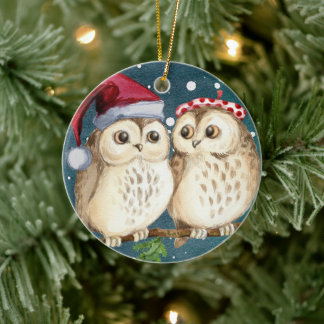 Christmas owls Ceramic Ornament