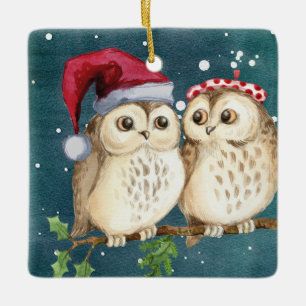 Christmas Owls on Branch at Night Ceramic Ornament