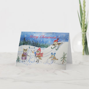 Christmas owls playing in snow holiday card